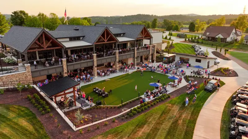 Aerial view of Tennessee National clubhouse during a community event