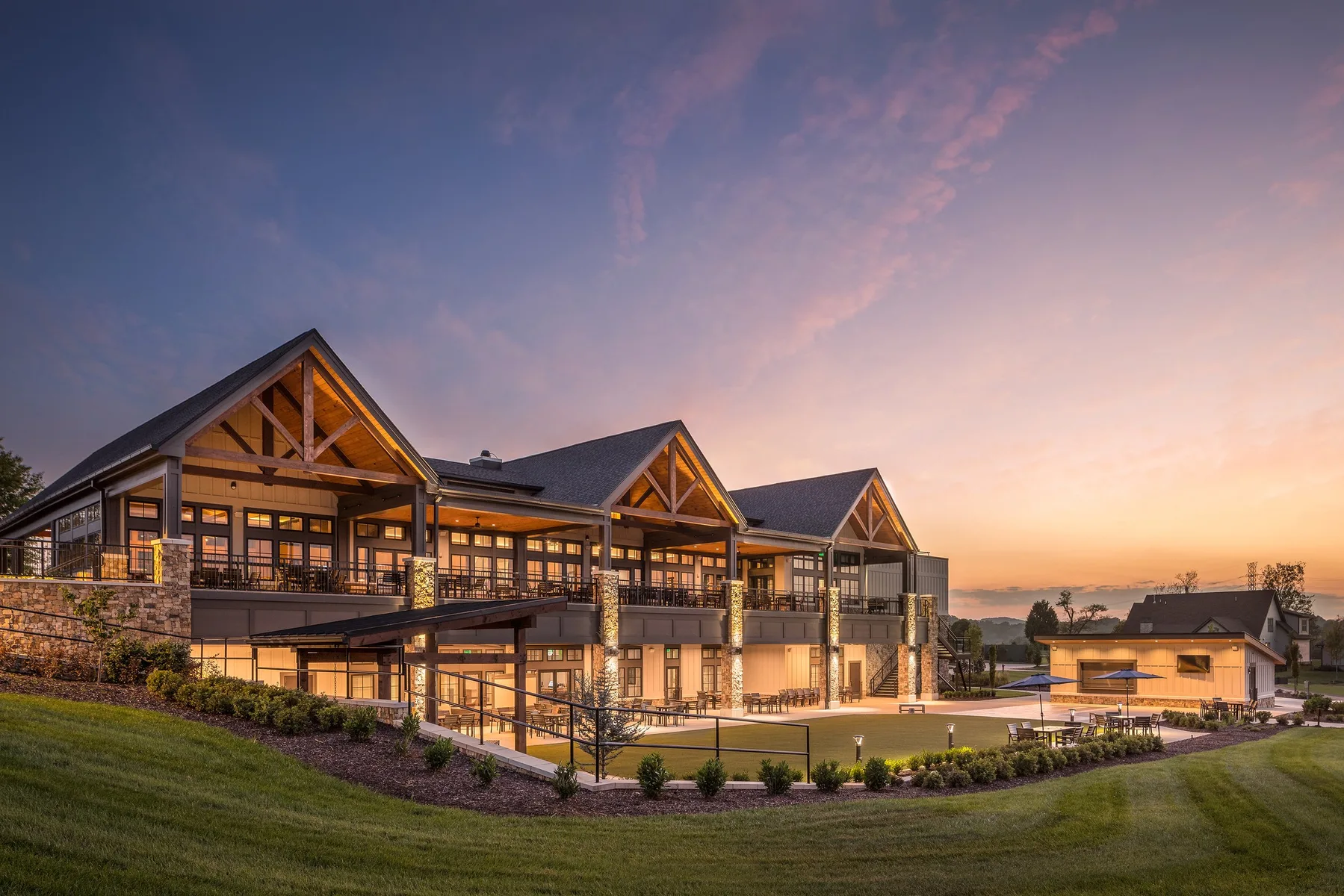 Tennessee National clubhouse at twilight